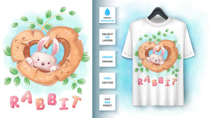 Rabbit in wood heart poster and merchandising.