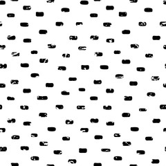 Seamless scratched pattern with black shabby spots and blots on white background.