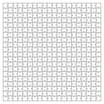 Set of four hundred fifty puzzle jigsaw pieces. Puzzle with different types of details and the ability to move each part. Black and white vector illustration isolated on white background.