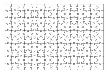 Set of one hundred fifty puzzle pieces. Puzzle with different types of details and the ability to move each part. Black and white vector illustration isolated on white background.