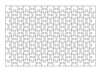 Set of one hundred fifty puzzle pieces. Puzzle with different types of details and the ability to move each part. Black and white vector illustration isolated on white background.