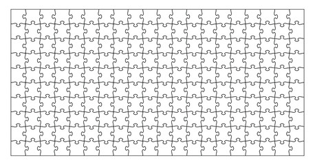 Set of two hundred puzzle pieces. Puzzle with different types of details and the ability to move each part. Black and white vector illustration isolated on white background.