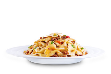 Minced beef tomato sauce pasta on a white isolated background