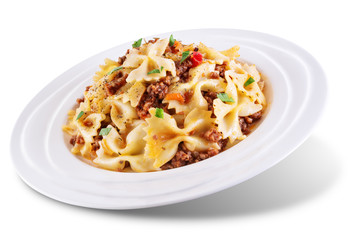 Minced beef tomato sauce pasta on a white isolated background
