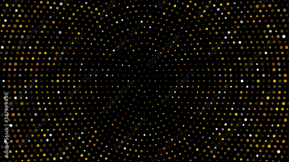 Poster gold and silver halftone black background. vector golden glitter circle with dotted sparkles or half