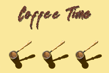 Turkish Coffee pot on yellow background. With text