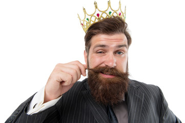Privileged guy. Royal reputation. Power and influence. Business king. Businessman wear crown....