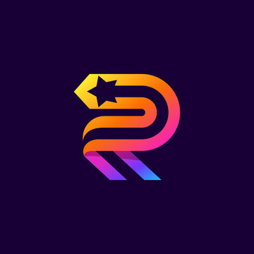 Letter R logo with star inside. Vector parallel lines icon.