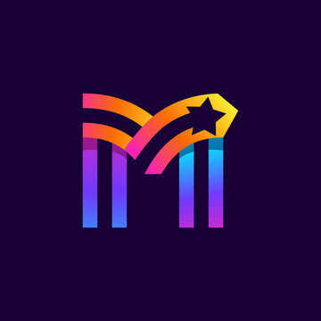 Letter M logo with star inside. Vector parallel lines icon.