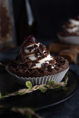 Chocolate cookie with cream and cherries on dark background