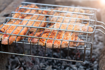 pieces of chicken thigh meat are fried on the grill. picnic in nature. bright highlight.