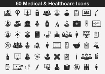 60 Medical and healthcare Icons. Editable Vector EPS Symbol Illustration.