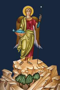 Raphael archangel. Healing of Tobit with the fish's gall. Illustration in Byzantine style