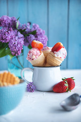 Strawberry ice cream on rural background - 347972662