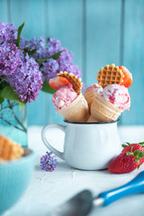 Strawberry ice cream on rural background - 347972820