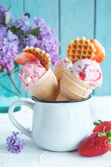 Strawberry ice cream on rural background - 347972855