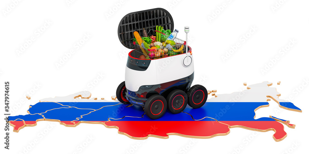Poster autonomous delivery robot in russia, 3d rendering
