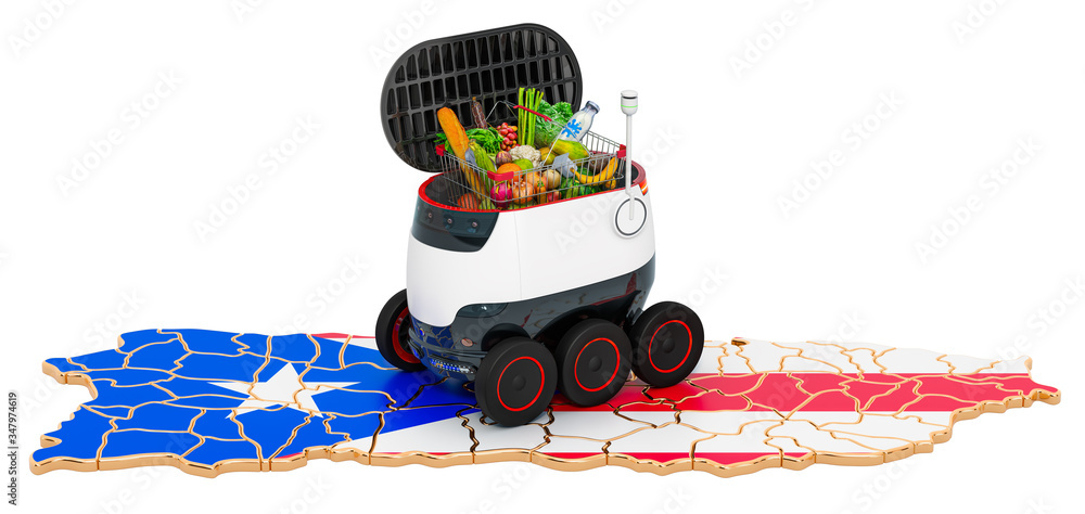 Poster autonomous delivery robot in puerto rico, 3d rendering