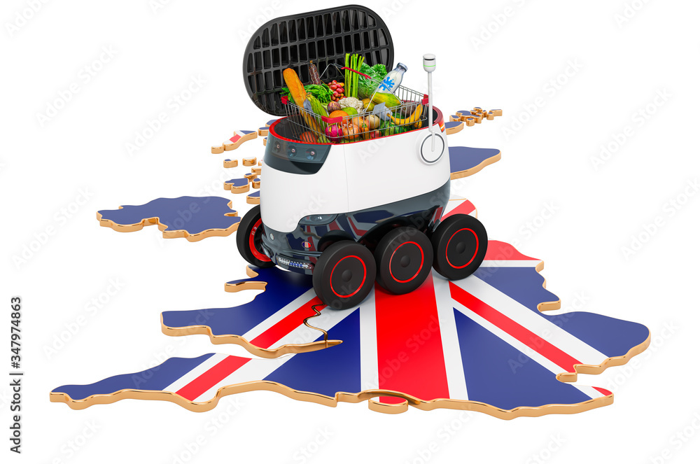 Poster autonomous delivery robot in the great britain, 3d rendering