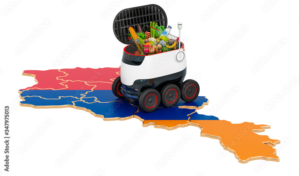 Poster autonomous delivery robot in armenia, 3d rendering