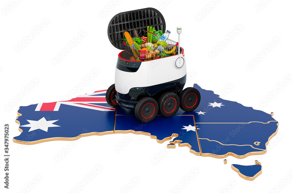 Poster autonomous delivery robot in australia, 3d rendering