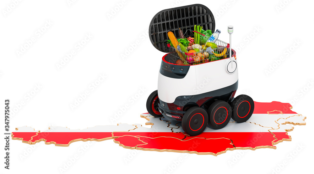 Poster autonomous delivery robot in austria, 3d rendering