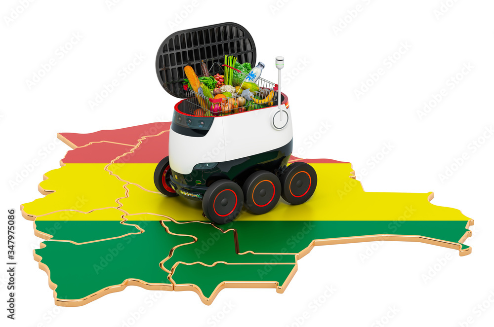 Poster autonomous delivery robot in bolivia, 3d rendering