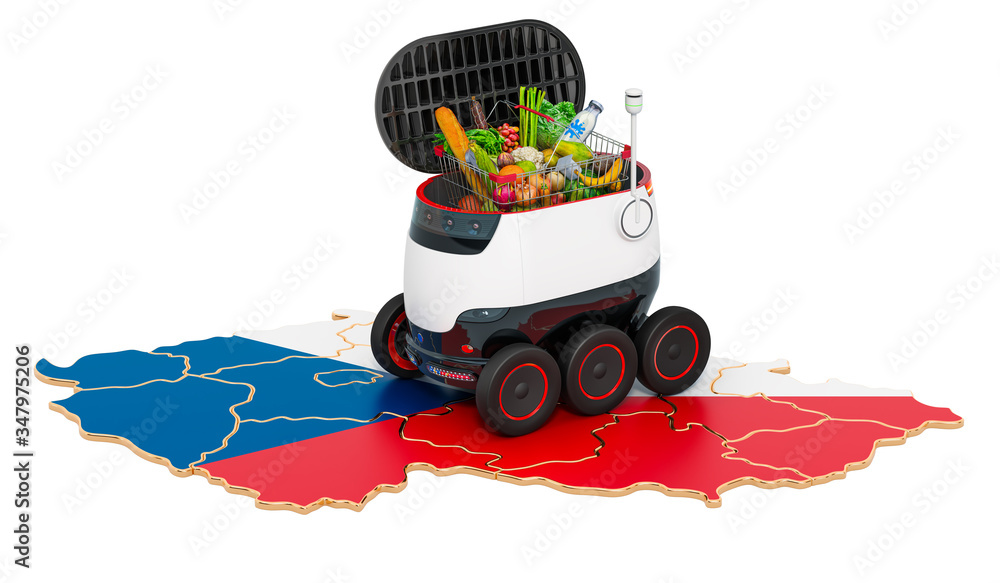 Poster autonomous delivery robot in czech republic, 3d rendering