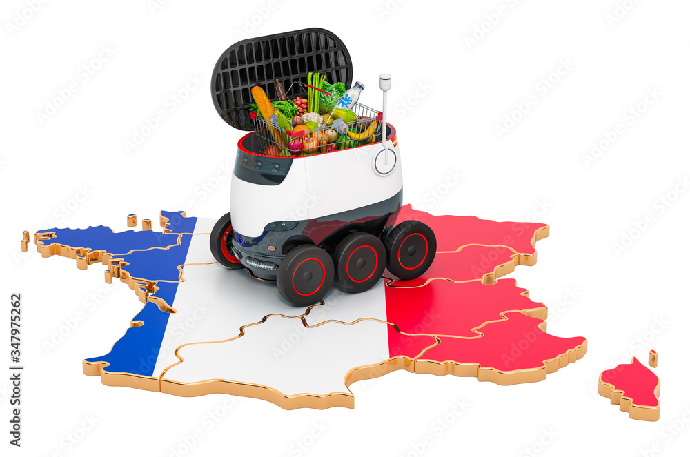 Poster autonomous delivery robot in france, 3d rendering