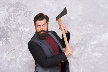 Brutal business. Man with axe. Bearded man hold axe. Cutting concept. Sharp blade. Brutality and...