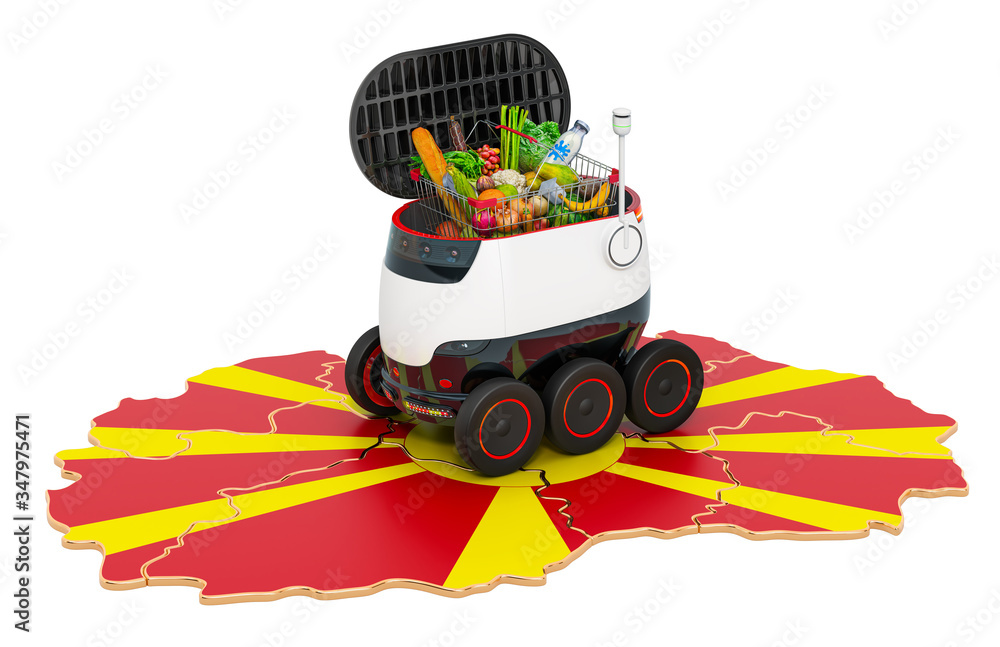 Poster autonomous delivery robot in macedonia, 3d rendering
