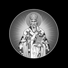 Basil of Ostrog. Round illustration, clip art in Byzantine style black and white - obrazy, fototapety, plakaty