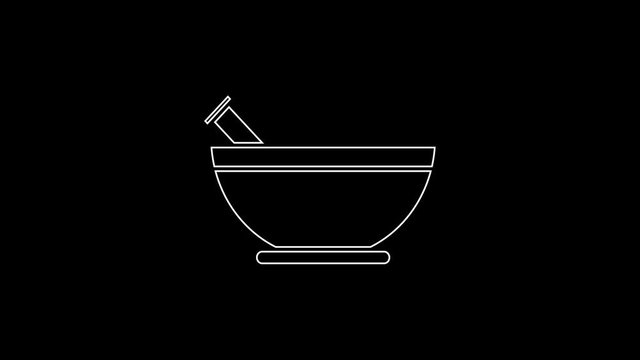 White line Mortar and pestle icon isolated on black background. 4K Video motion graphic animation