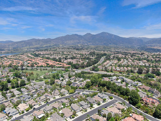 Aerial view of master-planned private communities, large-scale weatlhy residential neighborhood,...