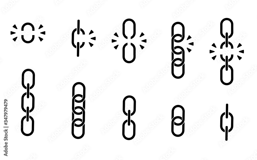 Poster set of chains. black broken, torn chain. vector illustration