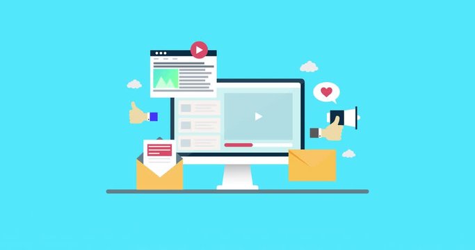 Flat design animation of Digital marketing, Email newsletter marketing, Opening email on laptop, Email delivery system - flat design 2d animation video clip