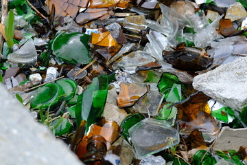 liquor and beer bottle shards, glass bottle shards, people pollute nature,