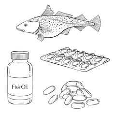 Fish oil icons set in hand drawn style isolated on white background. Omega 3, healthy seafood, fish oil in bottle and softgel pills vector illustration design. 