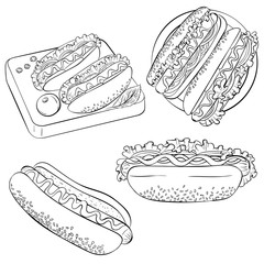 Engraved hand drawn vector illustration set with hot dog. American traditional cuisine isolated on white background. Fast food ingredient. Hot dog icons. Design elements for label, emblem, sign, brand