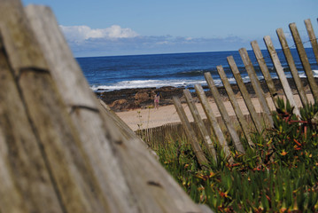 Vista para uma praia por entre umas vedações partidas com uma rapariga sexy em topless com bikini cor de rosa de costas a caminhar e a observar o mar