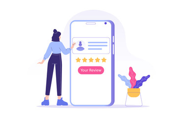 Customer review or feedback concept. Young woman giving five star feedback and choosing satisfaction rating on smartphone app. Rating on customer service and user experience. Vector illustration