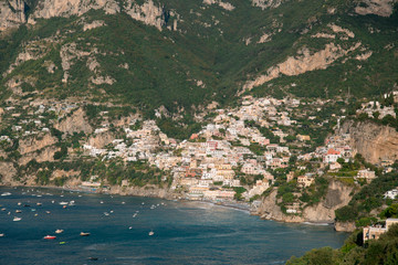 View of Positano village along Amalfi Coast in Italy in summer.