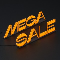 Glowing lettering MEGA SALE on black. 3d illustration