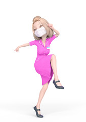 blond nurse cartoon wearing mask is happy and dancing