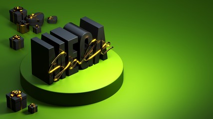 Left-sided lettering MEGA SALE with gift boxes and hearts on green. 3d illustration