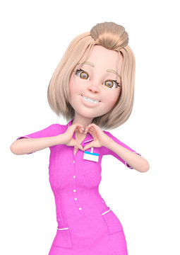 blond nurse cartoon is doing a hand pose in heart shape that means love