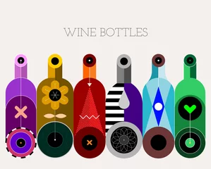 Gordijnen Een rij van zes verschillende gekleurde wijnflessen op een lichte achtergrond, decoratief modern ontwerp, vectorillustratie. ©  danjazzia