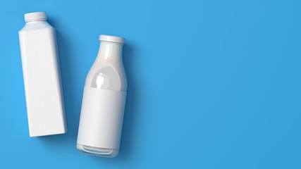 Lying on the left side milk glass and plastic bottles on the blue_3D illustration