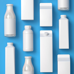 Top viewed 5 types of blank lying milk packaging on the blue background. 3D illustration