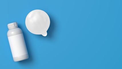 Top viewed blank lying on the left side plastic bottle and yogurt jar on the blue background. 3D illustration